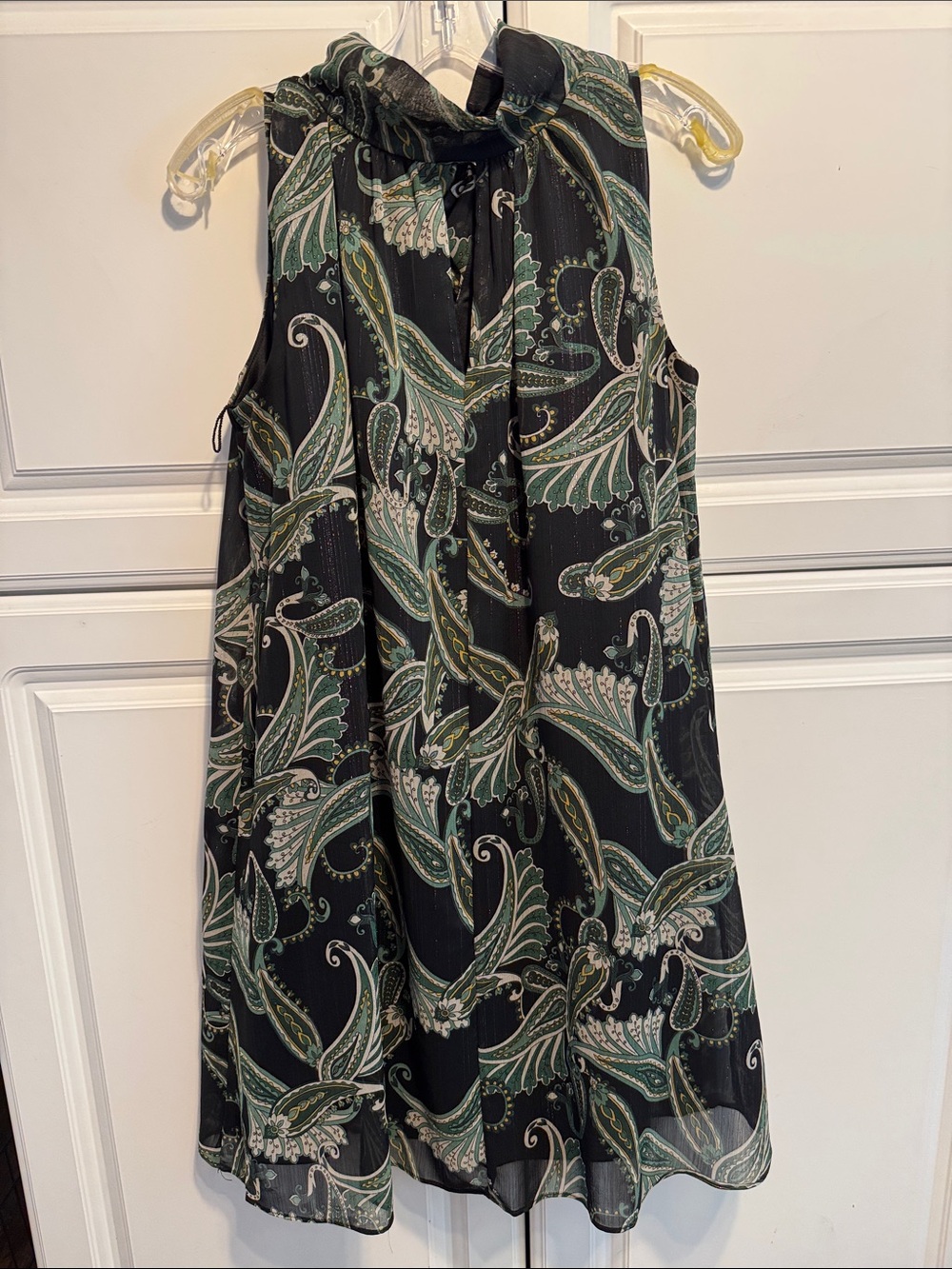 London Times Black Dress with Green Paisley Scarf-Neck